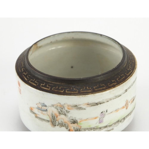 302 - Chinese porcelain brush pot hand painted with figures in a river landscape, with seal marks, 9cm in ... 