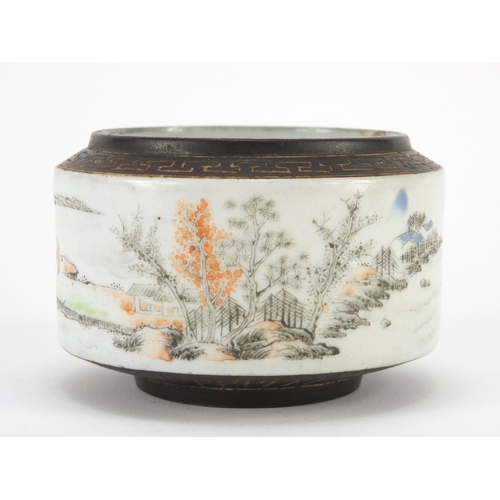 302 - Chinese porcelain brush pot hand painted with figures in a river landscape, with seal marks, 9cm in ... 