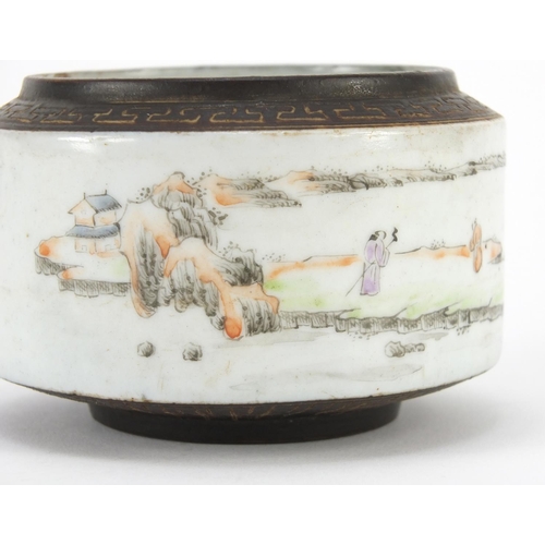 302 - Chinese porcelain brush pot hand painted with figures in a river landscape, with seal marks, 9cm in ... 