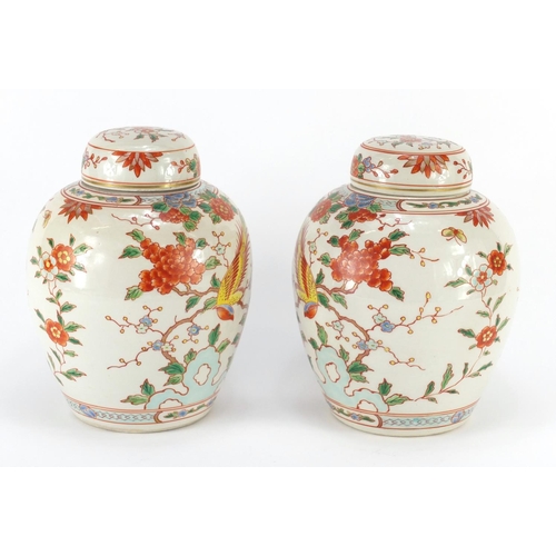 339 - Pair of Chinese porcelain jars with covers, each hand painted with birds of paradise amongst flowers... 