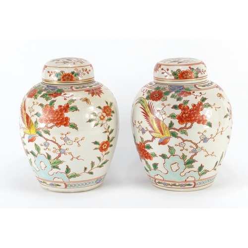 339 - Pair of Chinese porcelain jars with covers, each hand painted with birds of paradise amongst flowers... 