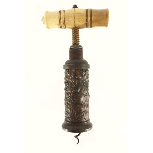 2 - 19th century Thomason type corkscrew with leaf and berry design barrel and turned bone handle, 18cm ... 