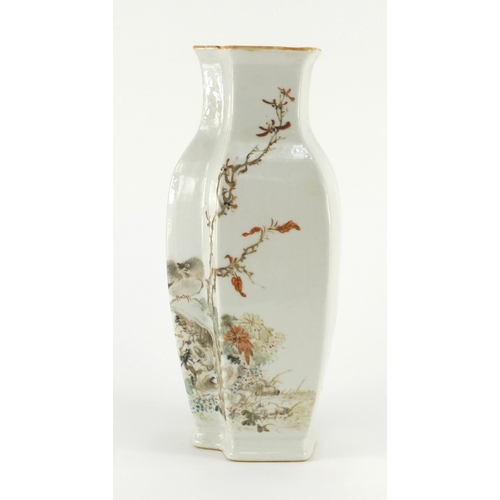 371 - Chinese porcelain vase hand painted with a chick amongst trees and two fishermen in a river landscap... 