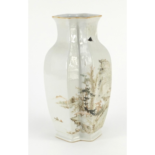 371 - Chinese porcelain vase hand painted with a chick amongst trees and two fishermen in a river landscap... 