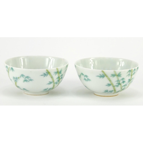 311 - Pair of Chinese porcelain bowls hand painted with bamboo, character marks to the bases, each 9cm in ... 