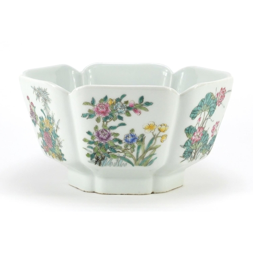 310 - Chinese porcelain bowl hand painted in the famille rose palette with panels of flowers, six figure c... 