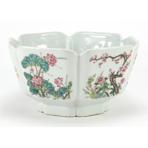 310 - Chinese porcelain bowl hand painted in the famille rose palette with panels of flowers, six figure c... 