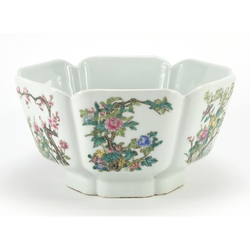 310 - Chinese porcelain bowl hand painted in the famille rose palette with panels of flowers, six figure c... 