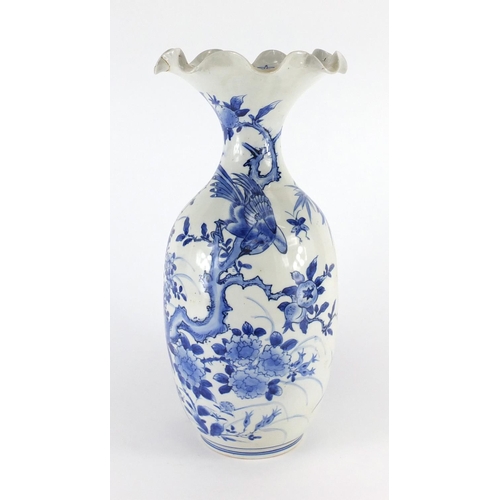 400 - Japanese blue and white porcelain vase with frilled rim, hand painted with bird amongst flowers, cha... 