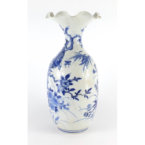 400 - Japanese blue and white porcelain vase with frilled rim, hand painted with bird amongst flowers, cha... 