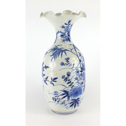 400 - Japanese blue and white porcelain vase with frilled rim, hand painted with bird amongst flowers, cha... 