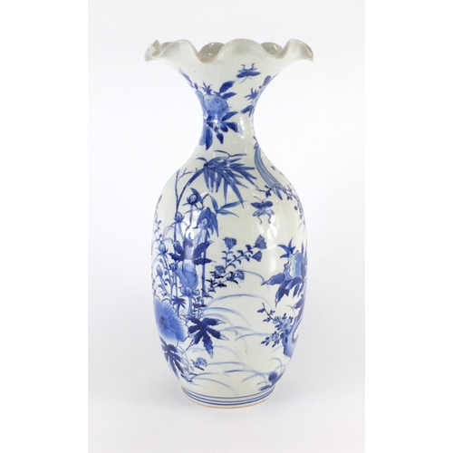 400 - Japanese blue and white porcelain vase with frilled rim, hand painted with bird amongst flowers, cha... 