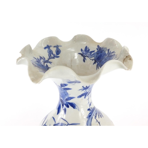 400 - Japanese blue and white porcelain vase with frilled rim, hand painted with bird amongst flowers, cha... 