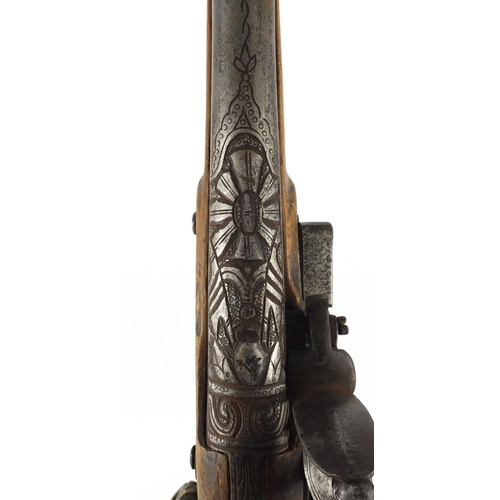 295 - Antique flint lock blunderbuss with engraved barrel, 51cm length