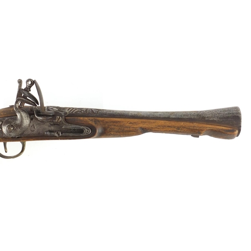 295 - Antique flint lock blunderbuss with engraved barrel, 51cm length