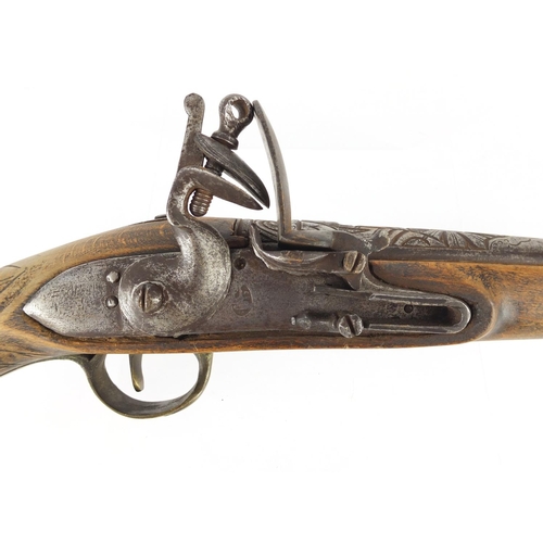 295 - Antique flint lock blunderbuss with engraved barrel, 51cm length