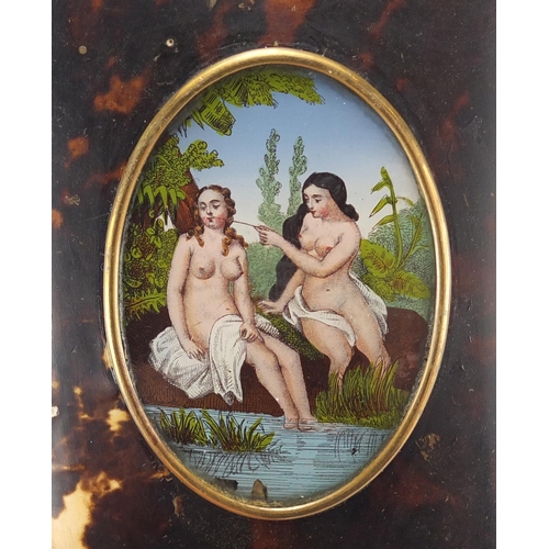 29 - Victorian blonde tortoiseshell purse inset with a panel of two nude bathers, 14cm high