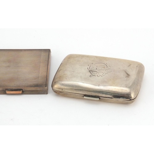 619 - Two rectangular silver cigarette cases and a compact with engine turned decoration, various hallmark... 