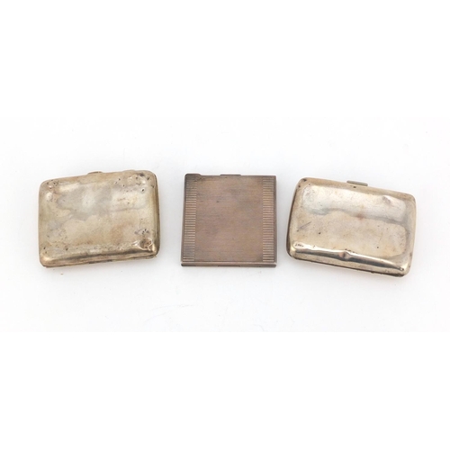 619 - Two rectangular silver cigarette cases and a compact with engine turned decoration, various hallmark... 