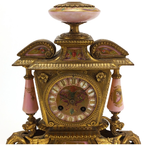 20 - French gilt metal mantel clock with Sèvres style porcelain panels, 40cm high