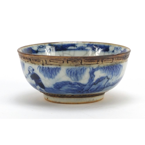 284 - Chinese blue and white porcelain crackle glazed bowl, hand painted with a figure and horses, 12.5cm ... 