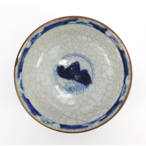 284 - Chinese blue and white porcelain crackle glazed bowl, hand painted with a figure and horses, 12.5cm ... 