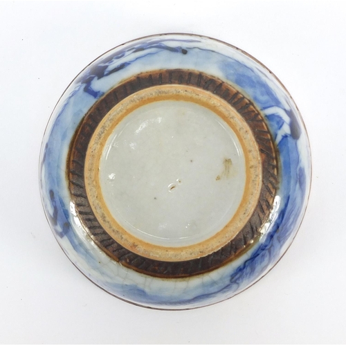 284 - Chinese blue and white porcelain crackle glazed bowl, hand painted with a figure and horses, 12.5cm ... 