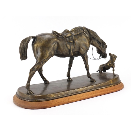 71 - Large french patinated bronze study of a horse and dog in the manner of Isidore Bonheur, 44cm wide