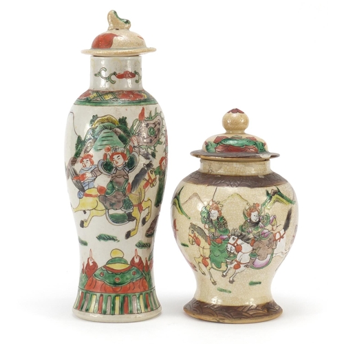 358 - Chinese crackle glazed jar and vase, each hand painted in the famille vert palette with warriors, th... 