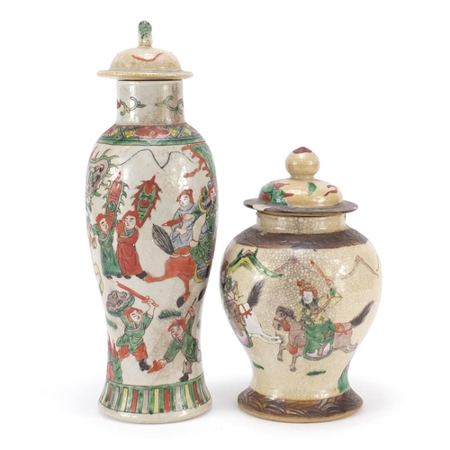 358 - Chinese crackle glazed jar and vase, each hand painted in the famille vert palette with warriors, th... 