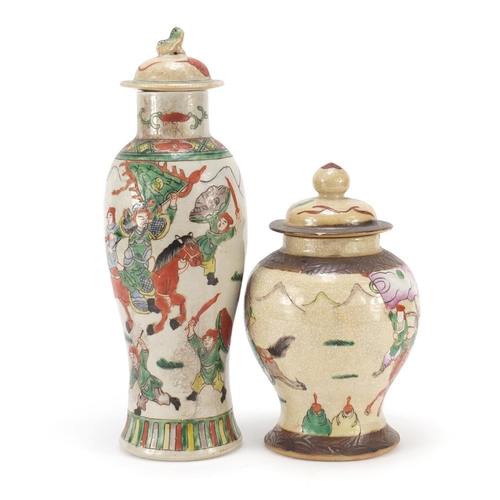 358 - Chinese crackle glazed jar and vase, each hand painted in the famille vert palette with warriors, th... 