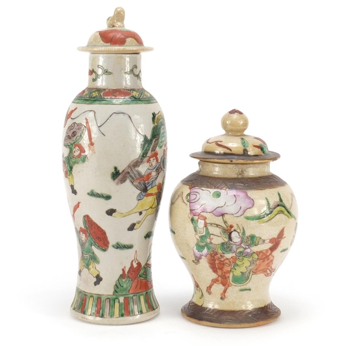 358 - Chinese crackle glazed jar and vase, each hand painted in the famille vert palette with warriors, th... 