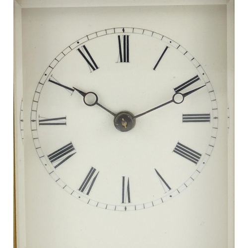 5 - Brass cased repeating carriage clock striking on a gong having an enamel dial with Roman numerals, 1... 
