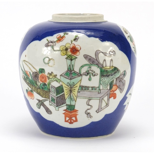 324 - Chinese porcelain powder blue ginger jar, hand painted with panels of Qilin, flowers and vases, blue... 