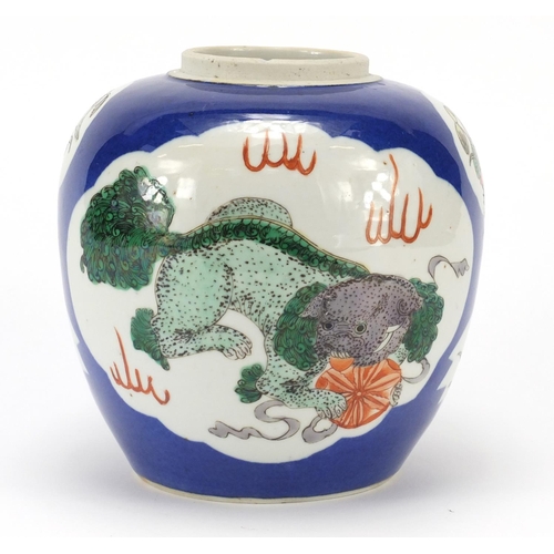 324 - Chinese porcelain powder blue ginger jar, hand painted with panels of Qilin, flowers and vases, blue... 