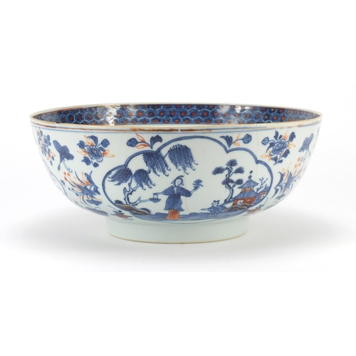 364 - Large Chinese porcelain bowl, hand painted with panels of figures and flowers, 28cm diameter