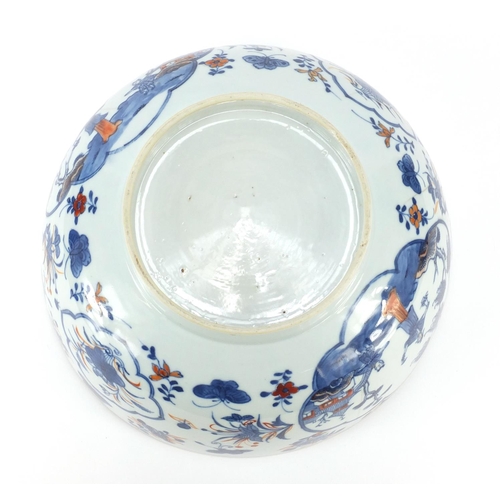 364 - Large Chinese porcelain bowl, hand painted with panels of figures and flowers, 28cm diameter