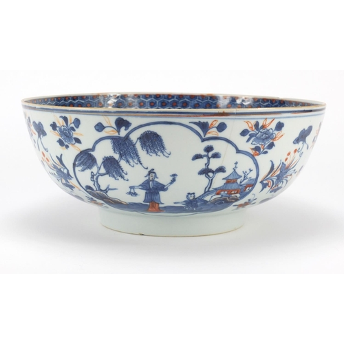 364 - Large Chinese porcelain bowl, hand painted with panels of figures and flowers, 28cm diameter