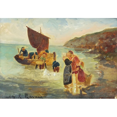 166 - Figures and a boat before cliffs, oil on board, bearing a signature Jay R Ravant, 19cm x 13cm