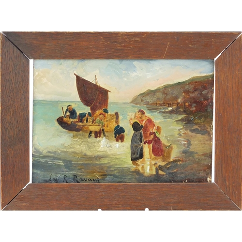 166 - Figures and a boat before cliffs, oil on board, bearing a signature Jay R Ravant, 19cm x 13cm