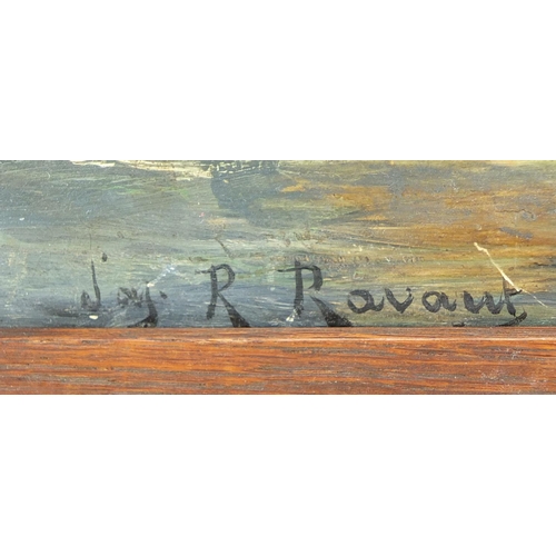 166 - Figures and a boat before cliffs, oil on board, bearing a signature Jay R Ravant, 19cm x 13cm