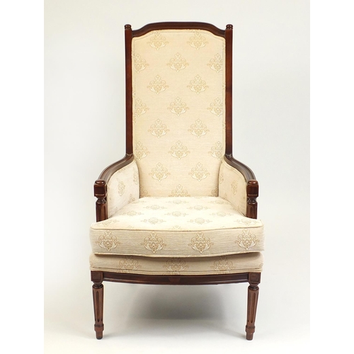 120 - Mahogany framed armchair with beige floral upholstery, 114cm high