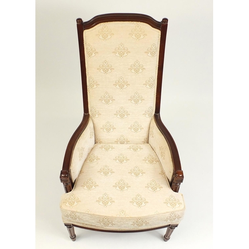 120 - Mahogany framed armchair with beige floral upholstery, 114cm high