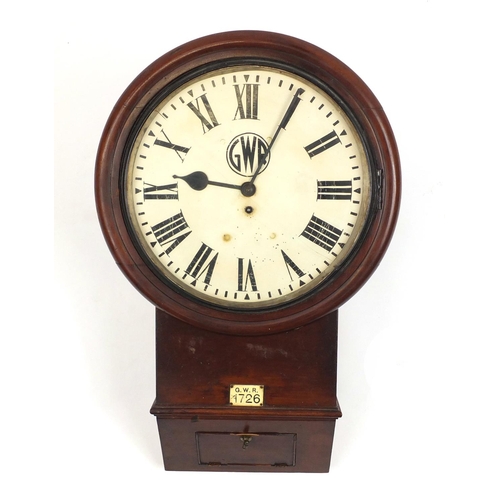 65 - Mahogany cased Great Western Railway 14 inch drop dial wall clock with fusee movement, the painted d... 