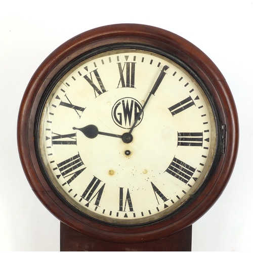 65 - Mahogany cased Great Western Railway 14 inch drop dial wall clock with fusee movement, the painted d... 