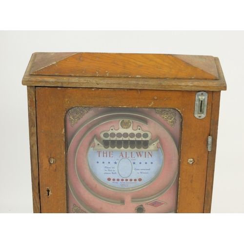 143 - 1920's oak cased Allwin De Luxe penny pinball slot machine, 69cm H x 49cm W x 18.5cm D