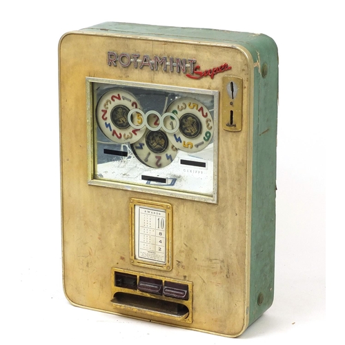 152 - Vintage Rotamint Super wall mounted slot machine, 71cm H x 50.5cm W x 18cm D