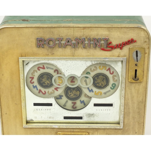 152 - Vintage Rotamint Super wall mounted slot machine, 71cm H x 50.5cm W x 18cm D