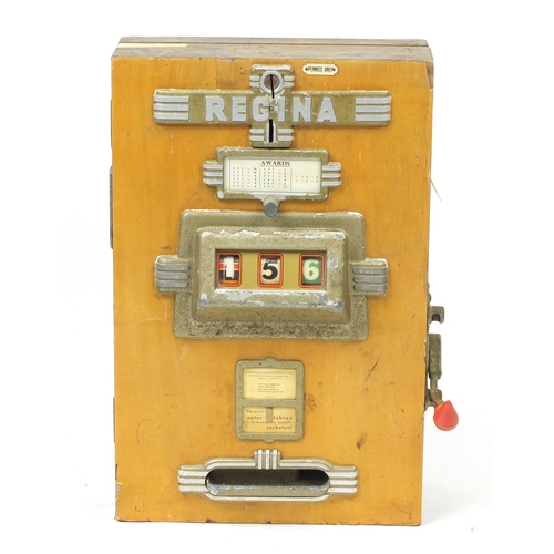 150 - Vintage Regina wall mounted one arm bandit slot machine, 71.5cm H x 46.5cm W x 19.5cm D