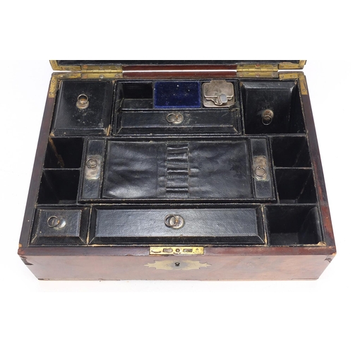 72 - Victorian cross banded walnut writing box with fitted leather interior, having silver coloured mount... 